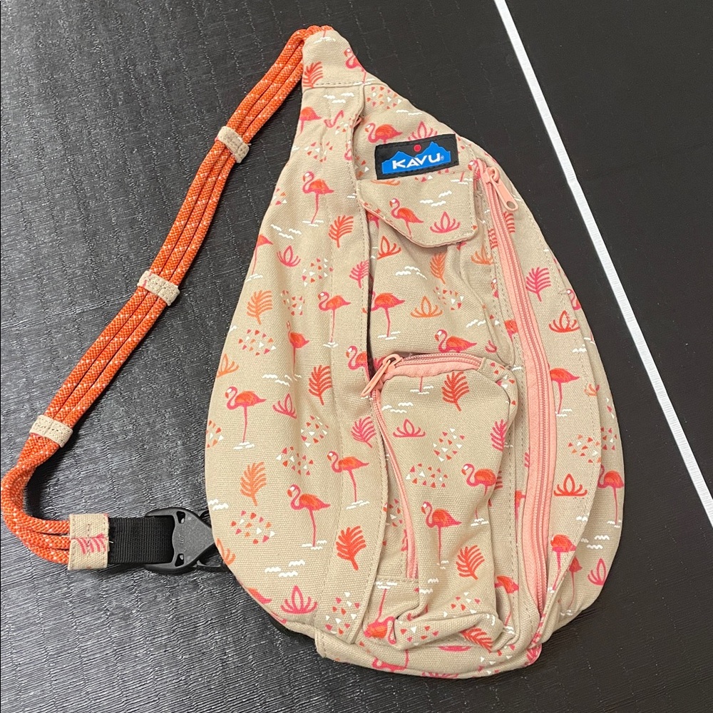 Kavu Tan Sling Bag with Pink Flamingo Design
